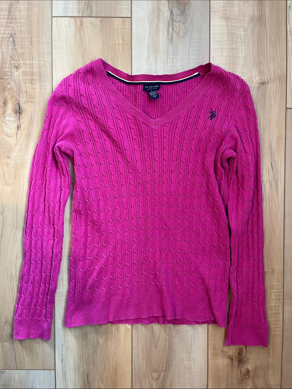 US Polo Association Fuchsia Cable-Knit V-Neck Sweater